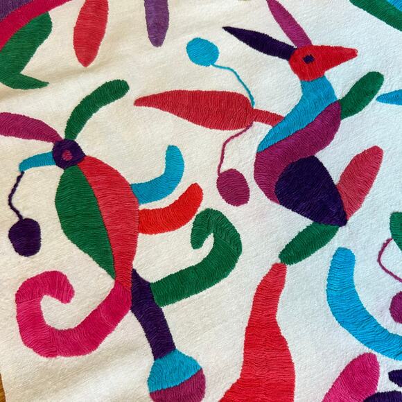 Handmade Mexican Otomi Embroidery Panel - Multicolor Animals & Flora on Cotton - Picture 2 of 9
